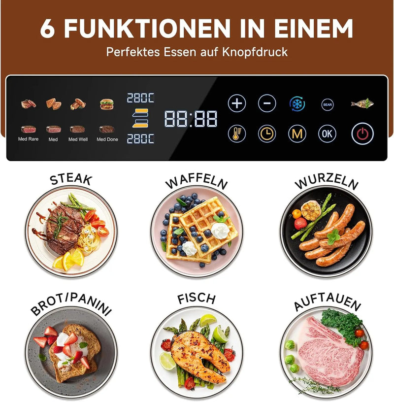 AMZCHEF Kontaktgrill 4-in-1 mit Temperatursensor für Steaks, Waffeln, Sandwiches, Pancakes