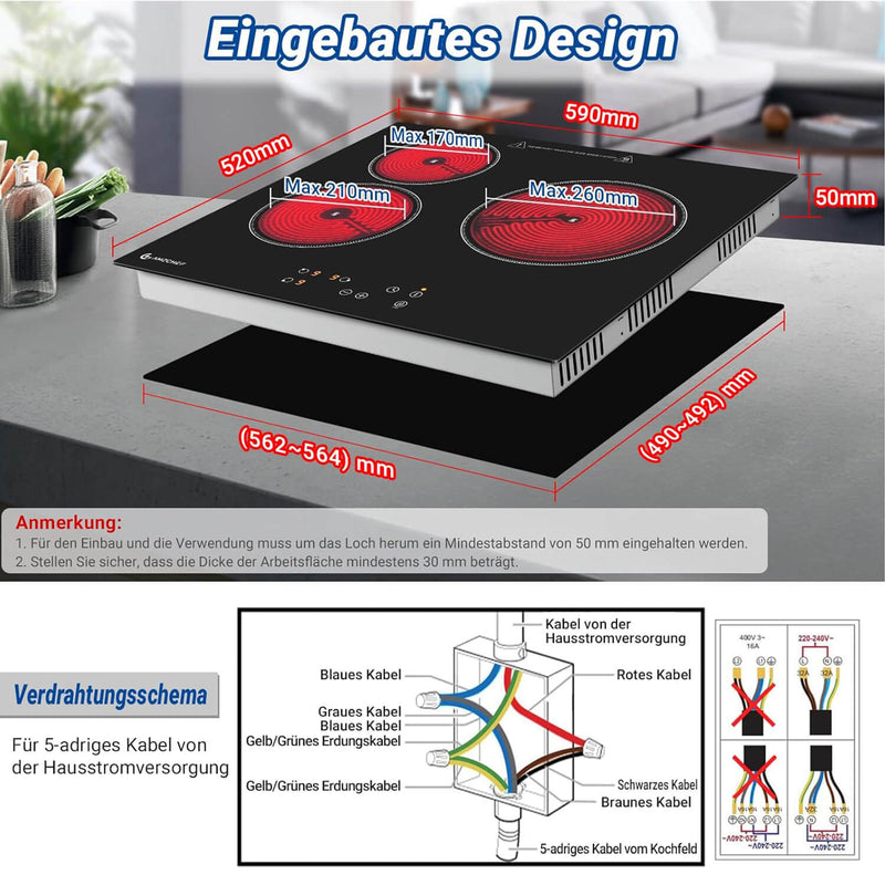 AMZCHEF Glaskeramikkochfeld 3 Zonen 60CM 5500W