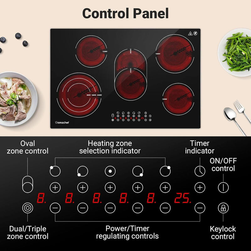 AMZCHEF Glaskeramikkochfeld 5 Zonen 77CM | 7295W