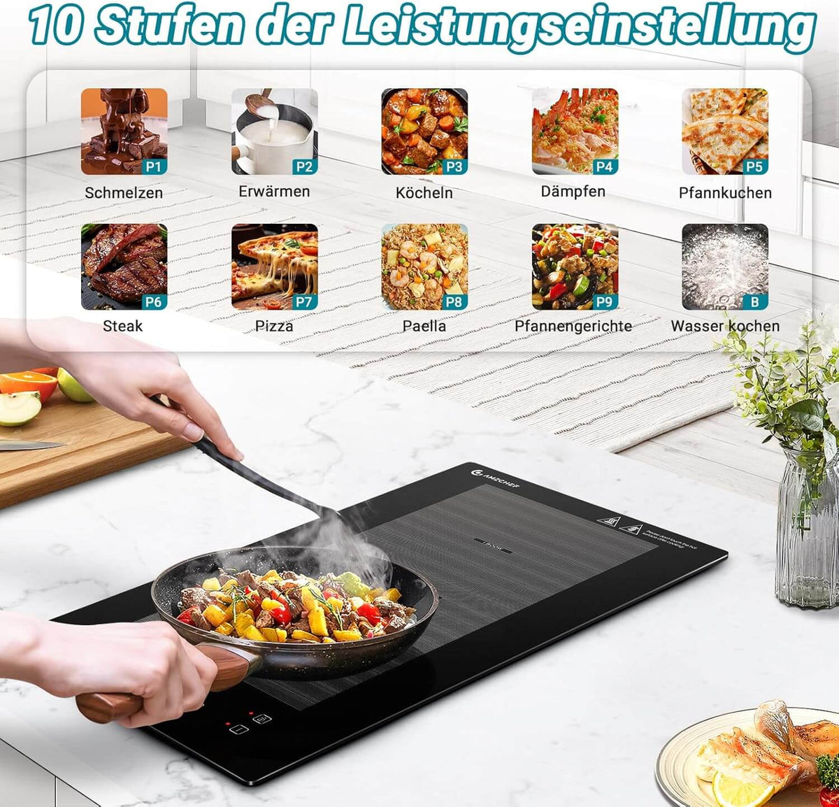 Induktionskochfeld 2 Platten 3300W AMZCHEF Induktionskochfeld 2 Platten – 3300W, Flexzonen, Touch-Schieberegler, Timer, Sicherheitsschloss, Einbau- Und Mobil Nutzbar (schwarz)