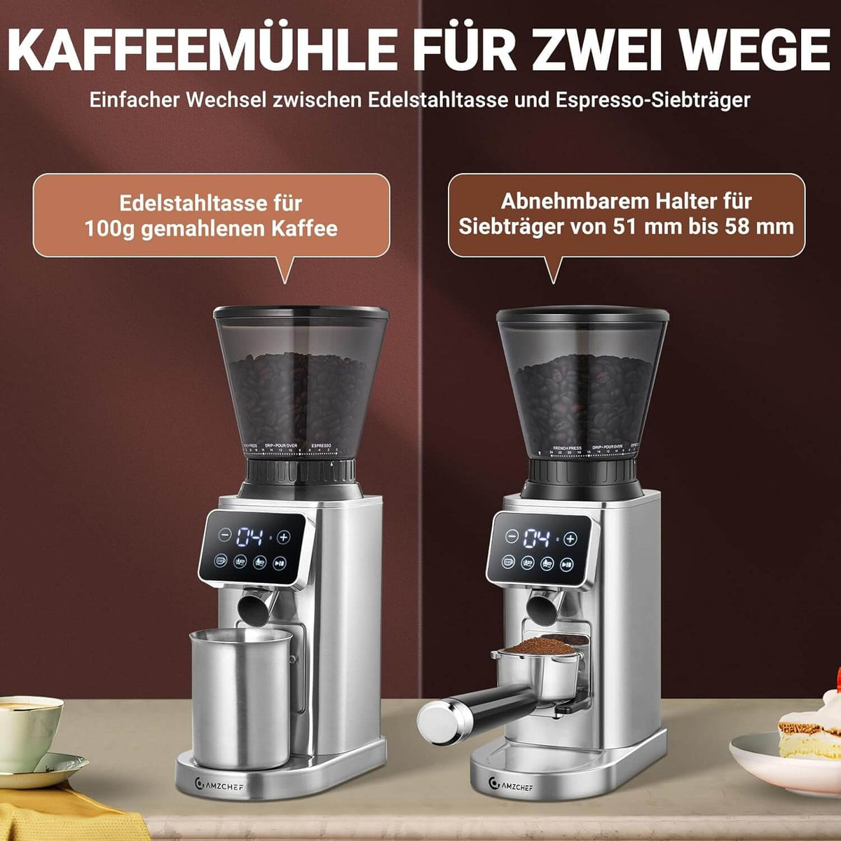 AMZCHEF Kaffeemühle Elektrisch Mit Abnehmbarem Halter Für