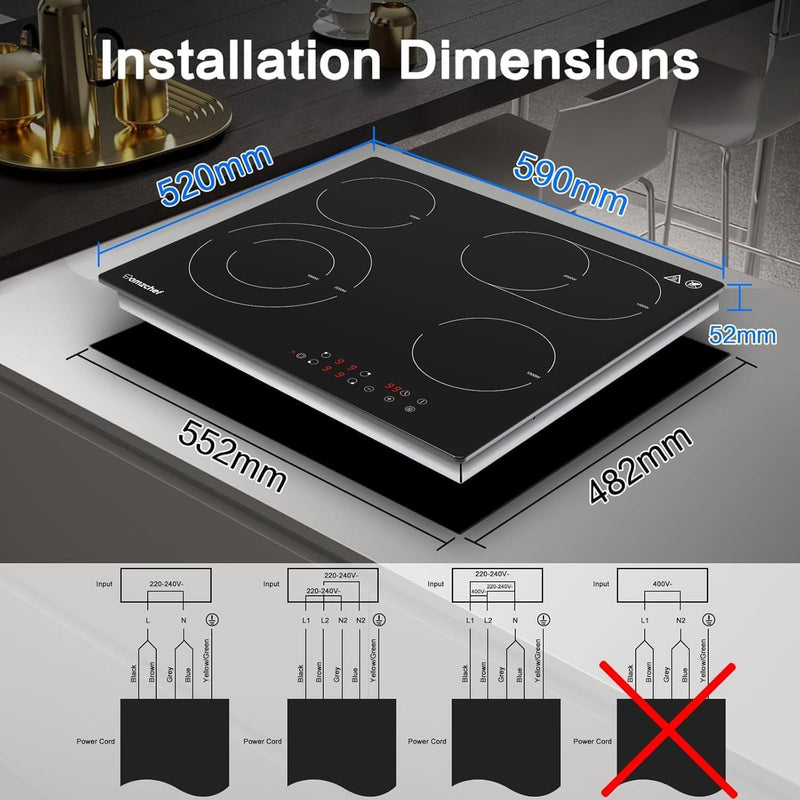 AMZCHEF glaskeramikkochfeld 60cm herdplatte 4 kochfelder 6600W