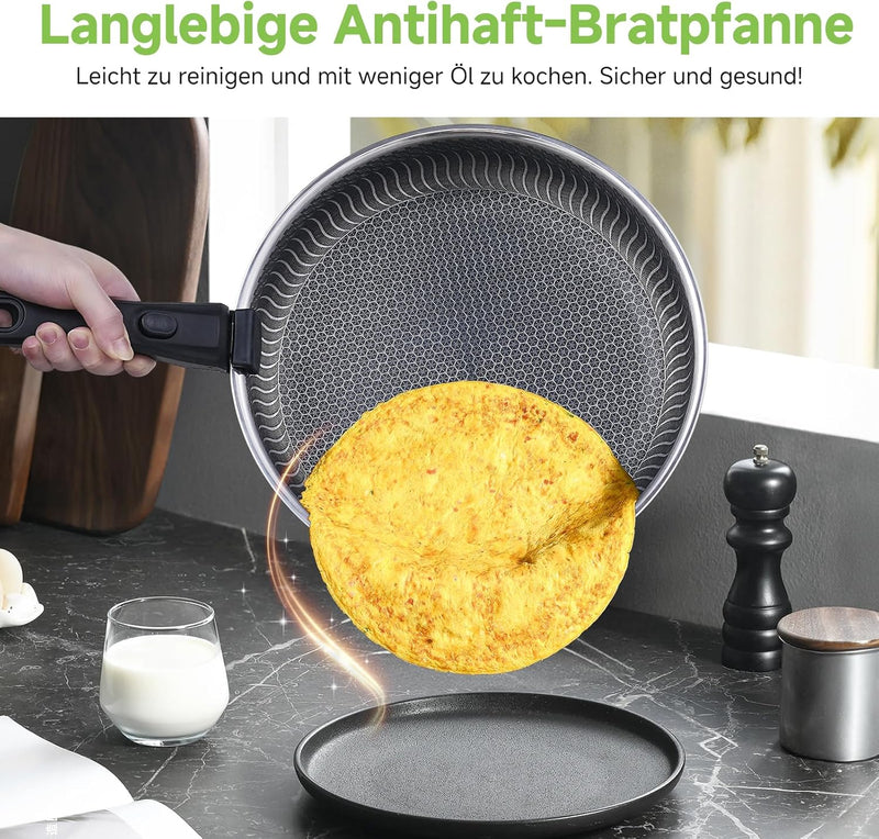 Demonstrating the non-stick performance of the frying pan; an omelet easily slides from the pan onto a plate.