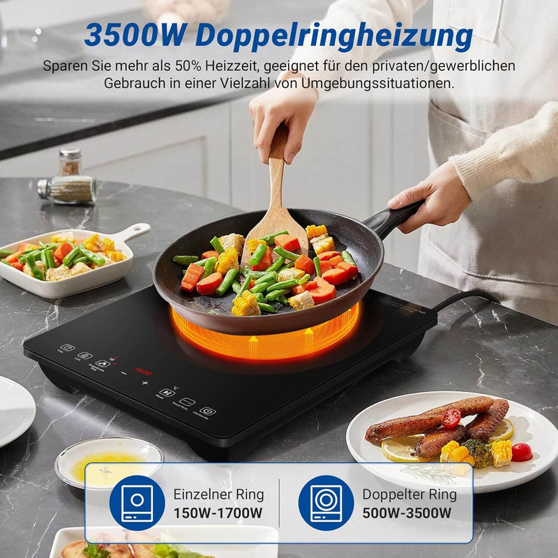 AMZCHEF Einzel-Induktionskochplatte 3500 W – Doppelring-Heizung, 9 Leistungs-/Temperaturstufen, Sicherheitssperre, Pause, Timer, Überhitzungsschutz, Kristallglas
