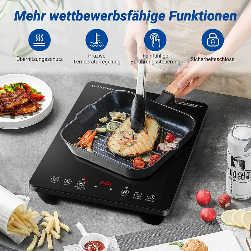 AMZCHEF Einzel-Induktionskochplatte 3500 W – Doppelring-Heizung, 9 Leistungs-/Temperaturstufen, Sicherheitssperre, Pause, Timer, Überhitzungsschutz, Kristallglas
