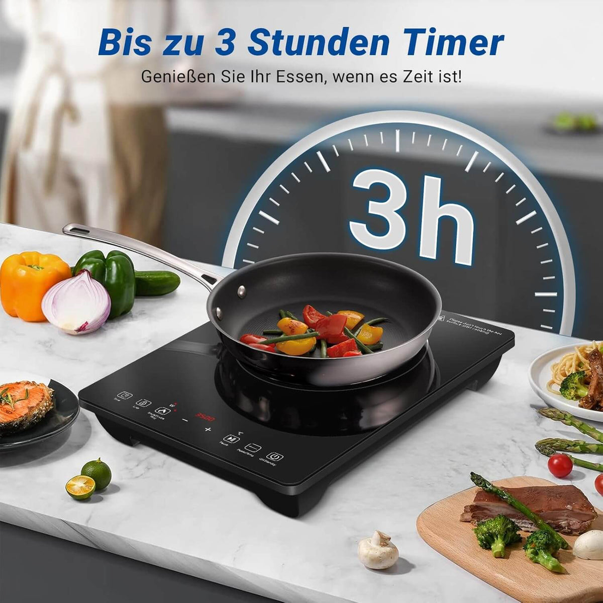 AMZCHEF Inductieplaat met 1 kookplaat, 2000 W, inductiekookplaat 28 cm met brede spoel, compact design, 10 vermogens- en temperatuurniveaus, timer, aanraakbediening en veiligheidsvergrendeling, zwart