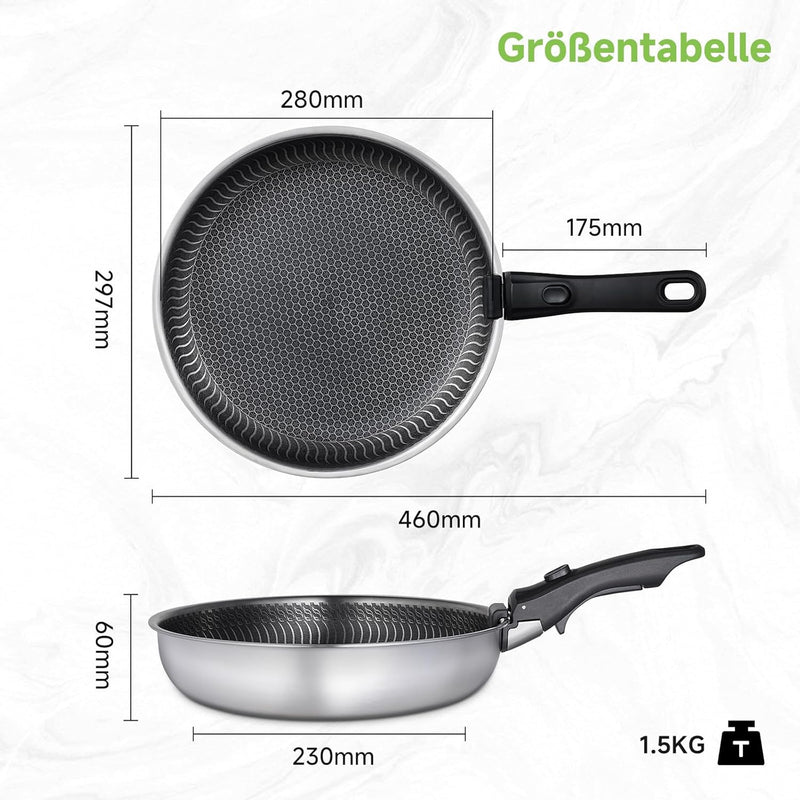 Frying pan dimensions, showing diameter, length, height, and weight.