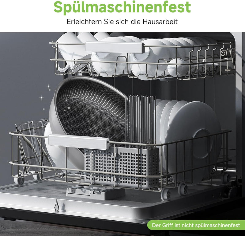 Scenario of the frying pan being placed in a dishwasher; a warning that the handle is not dishwasher safe.