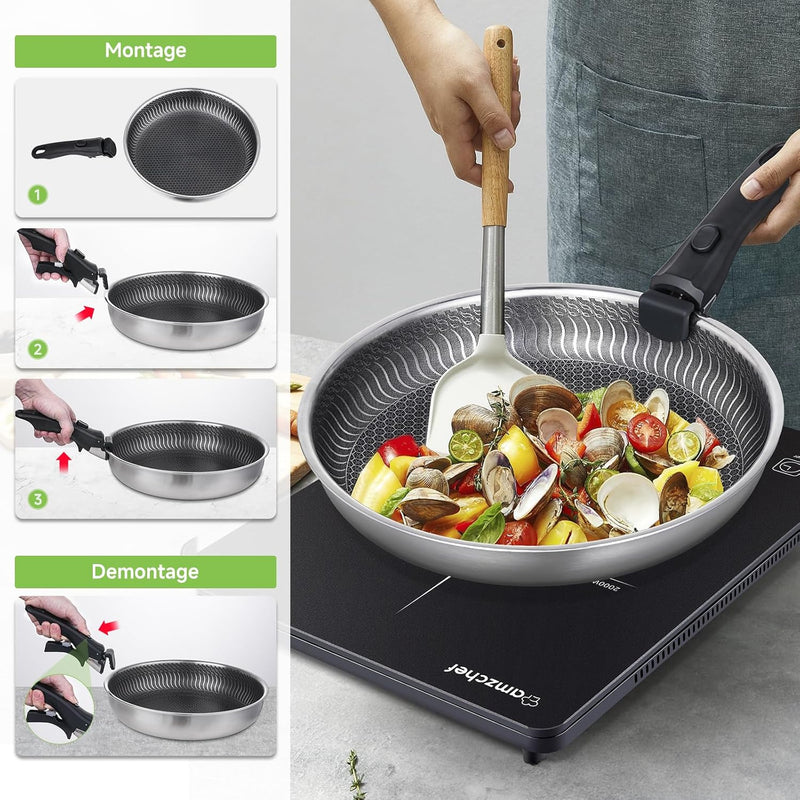Schematic diagram of frying pan handle assembly/disassembly steps; the right side shows the frying pan being used on an induction cooker to cook clams and bell peppers.