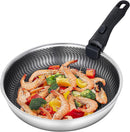 Stainless steel honeycomb non-stick frying pan, with shrimp, broccoli, bell peppers, and other ingredients being cooked inside.