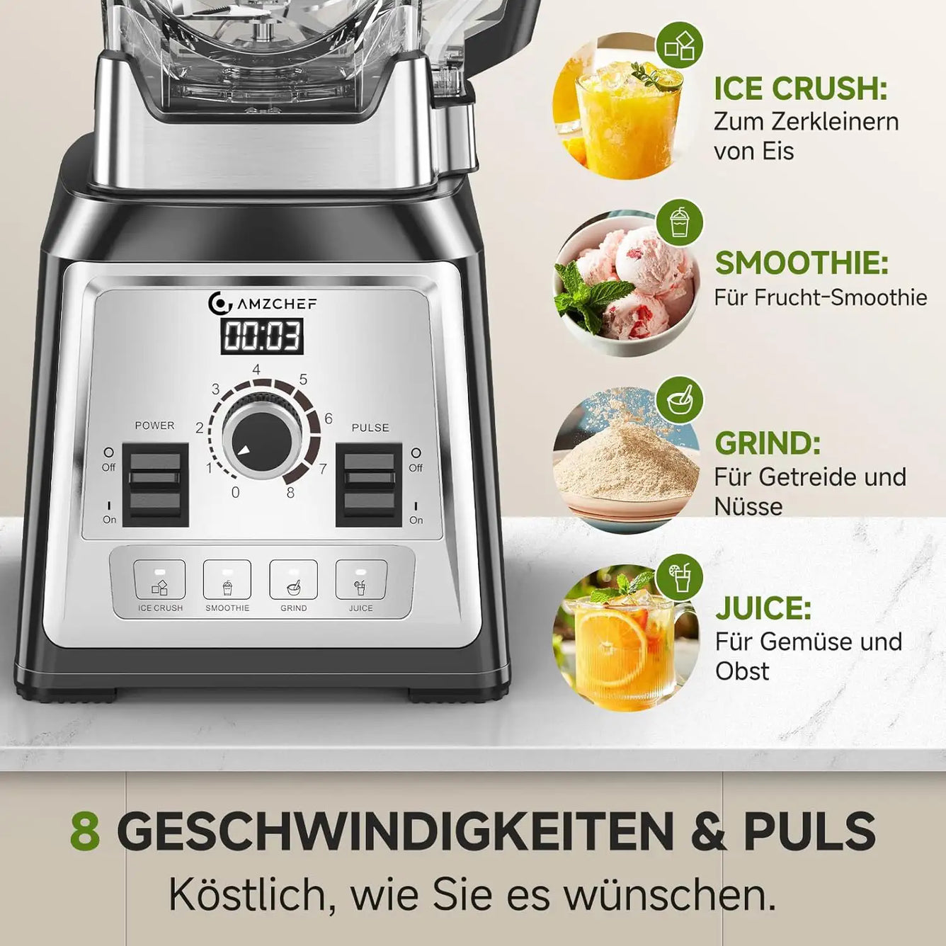 AMZCHEF Hochleistungsmixer 2000W – 2L Profi-Standmixer BPA-frei