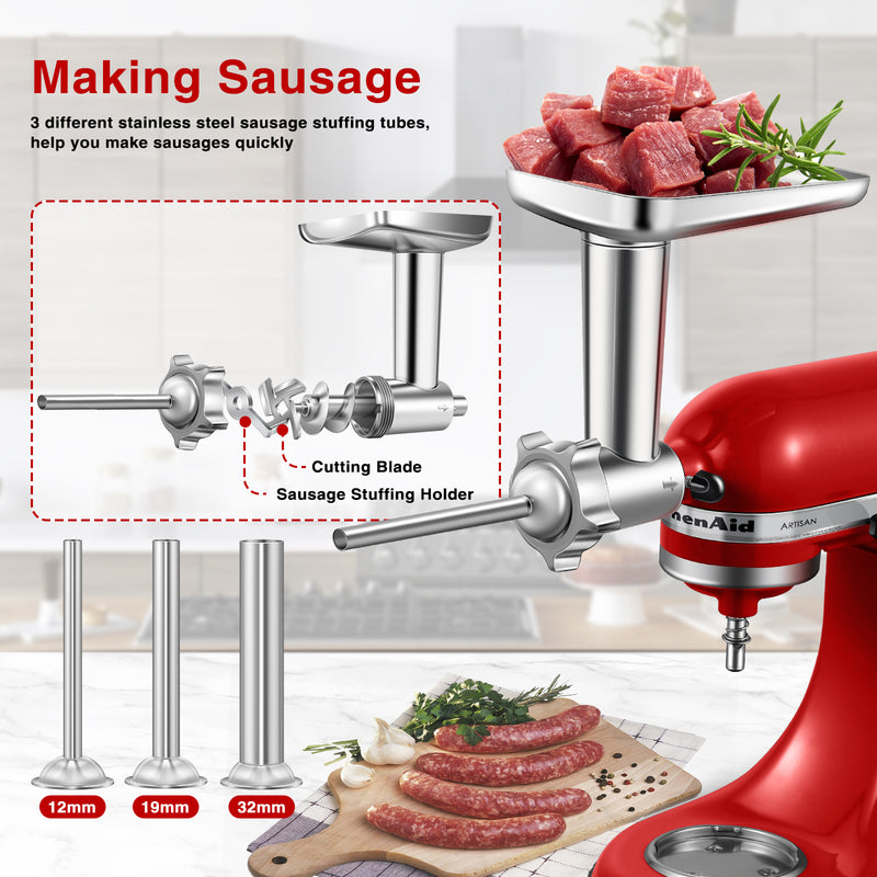 Wolfcut Wurstfüller-Set - 3 Füllrohre + Führungsscheibe, INOX, Für Fleischwolf Größe 7