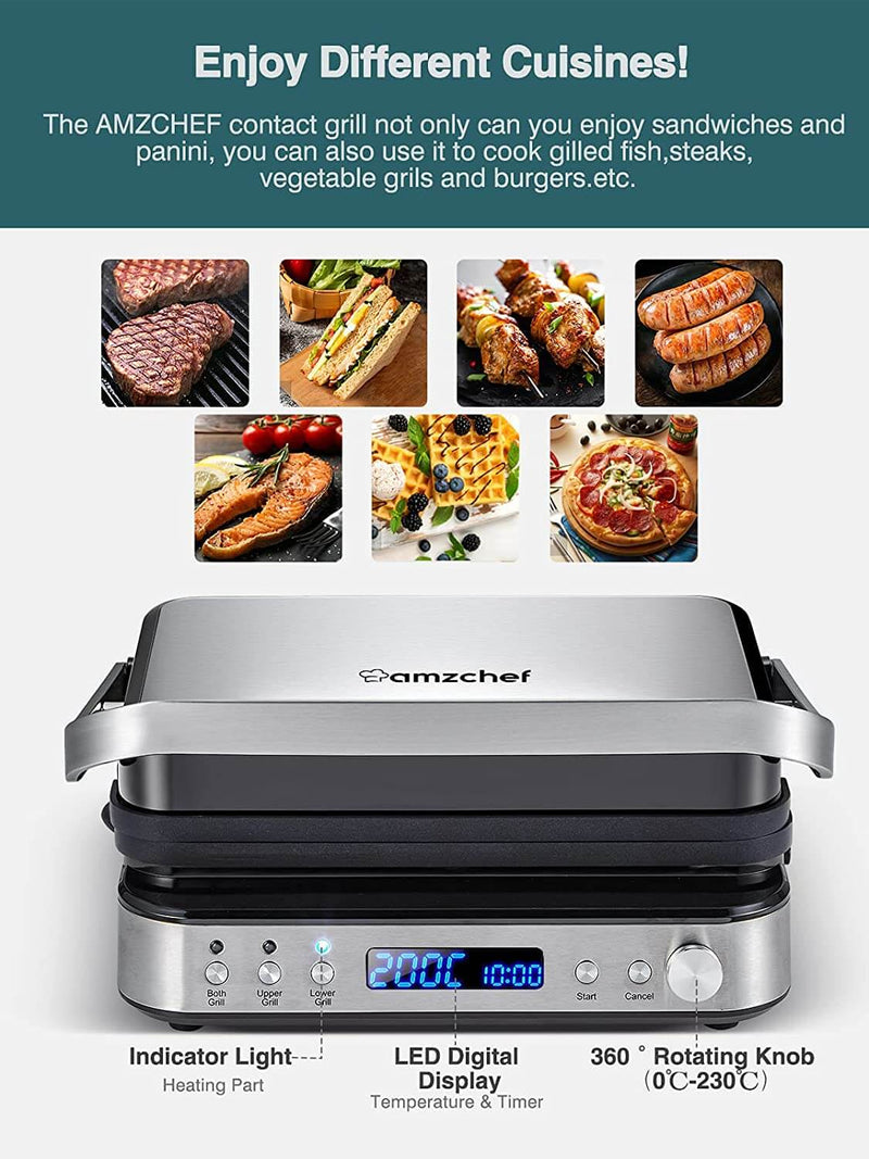 AMZCHEF 3-in-1 Contact Grill, Sandwich Maker/Waffle Iron/180° Double-Sided Optigrill LS-GC02C-H-WP