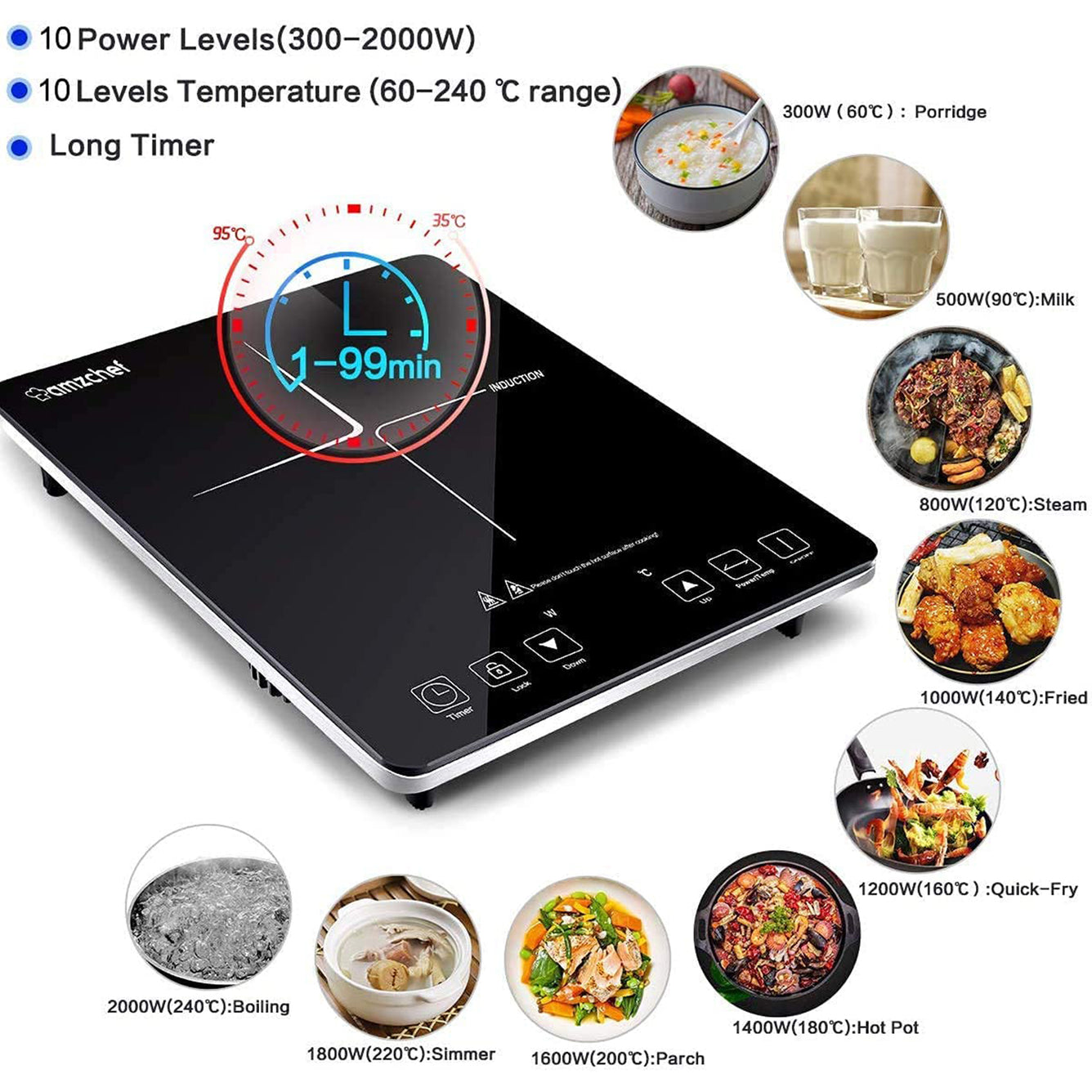 AMZCHEF Induktionskochfeld, Sensor Touch Control Single Induktionskochfeld SK-CB16 Silber
