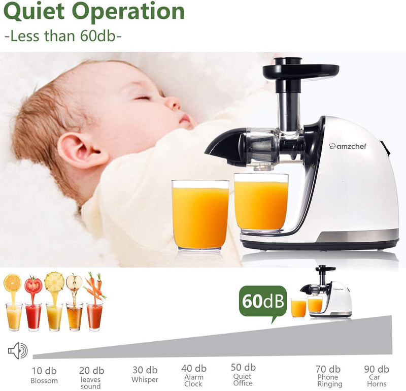 AMZCHEF Slow Juicer Entsafter Gemüse und Obst Profi Entsafter mit Ruhiger Motor & Umkehrfunktion & Saftkanne & Reinigungsbürste