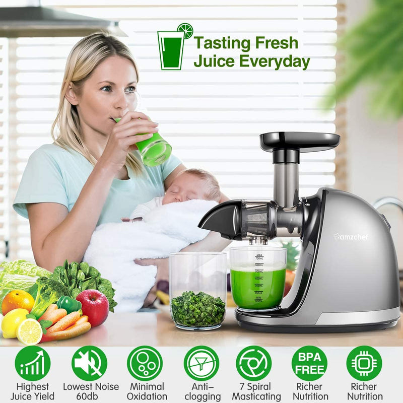 AMZCHEF Slow Juicer Entsafter Gemüse und Obst Profi Entsafter mit Ruhiger Motor & Umkehrfunktion & Saftkanne & Reinigungsbürste