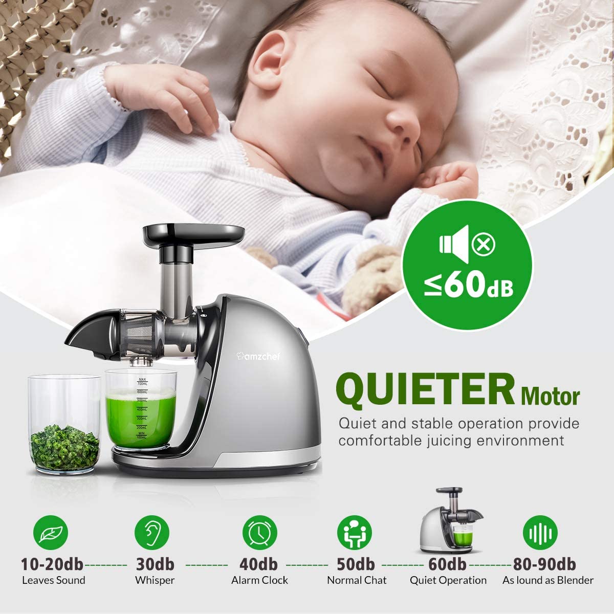 AMZCHEF Slow Juicer Entsafter Gemüse und Obst Profi Entsafter mit Ruhiger Motor & Umkehrfunktion & Saftkanne & Reinigungsbürste